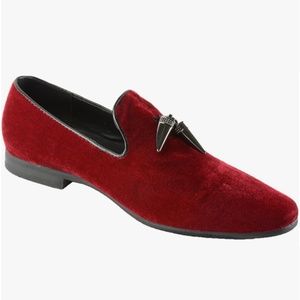 Giorgio Brutini "Cowell" Red Slipper Velvet Tassels Loafer Shoes Gunmetal Spikes